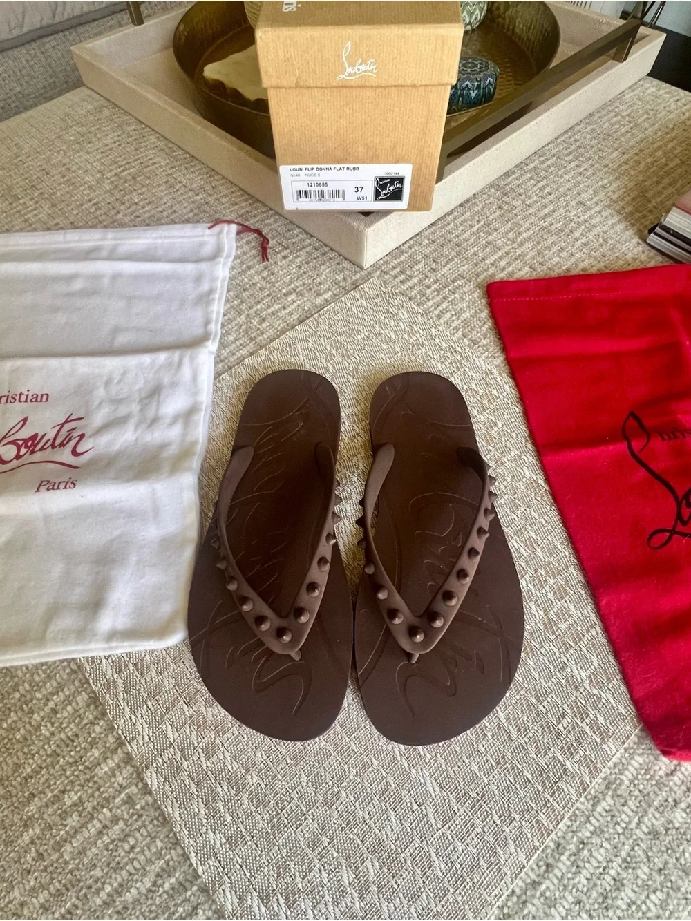 Christian Louboutin Loubi Donna Brown Studded Flip Flop Sandals-Size 37 - Picture 3 of 10